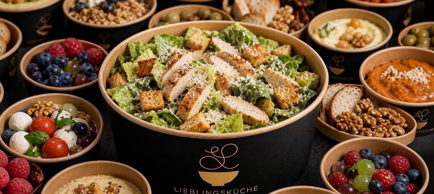 Gedeckter Tisch mit gefüllten Lieblingsküche-Schalen: Caesar Salad, Aufstriche, Oliven, Beeren und Brot.